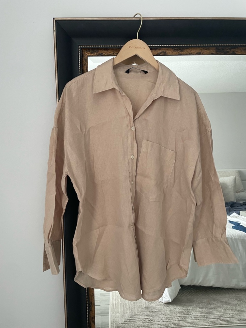Zara Beige Linen Oversized Button Down Shirt Size M - Picture 2 of 4